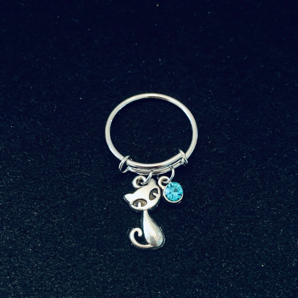Cat charm dangle ring with birthstone charm